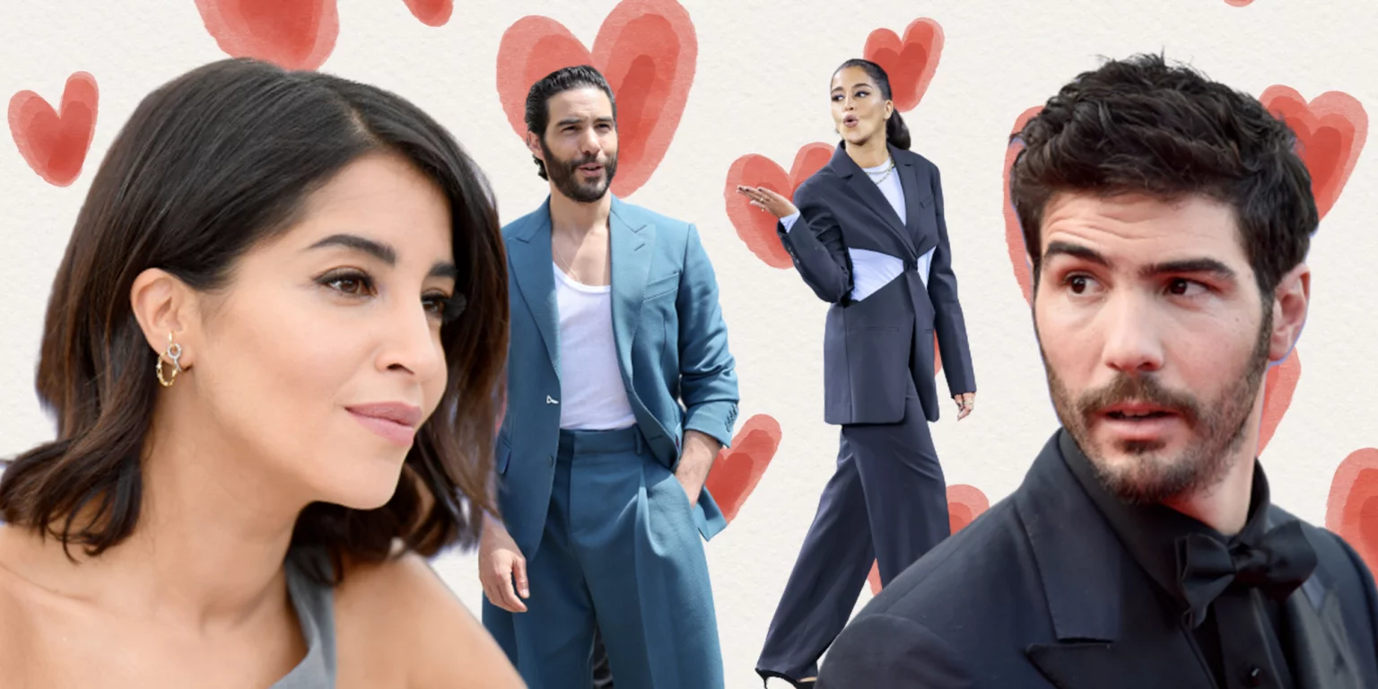 Leïla Bekhti et Tahar Rahim, ainsi que d'autres photos du couple, sur fond de cœurs illustrés.